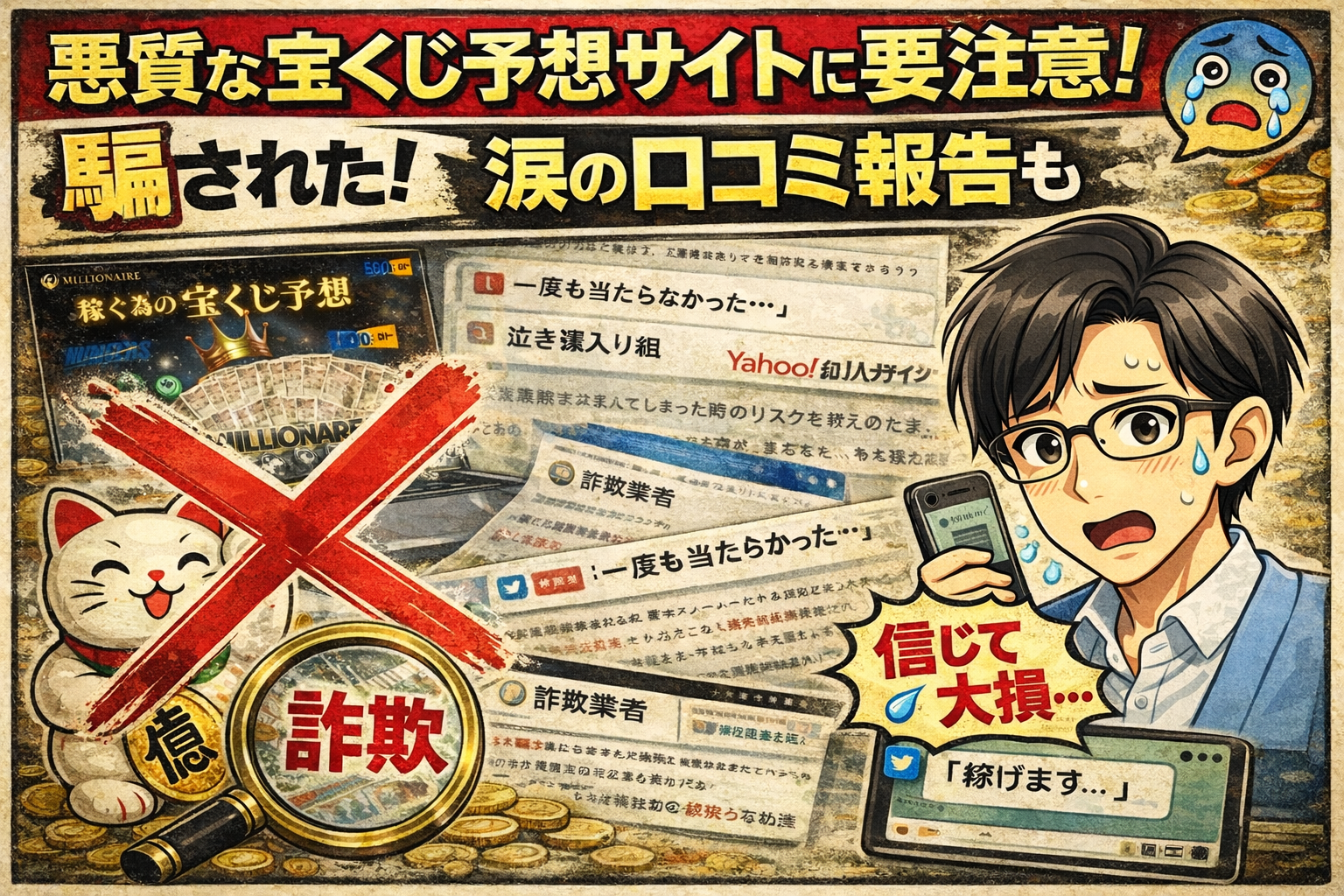 【実態調査】宝くじ予想サイトの被害報告まとめ｜ミリオネア・まねきねこ等の口コミから見抜く「危ないサイト」の特徴